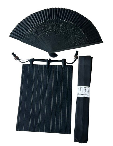 Japanese Men's Yukata 5-Piece Set – Black Pinstripe, Size M-L (Kaku Obi, Drawstring Bag, Fan, Koshihimo)