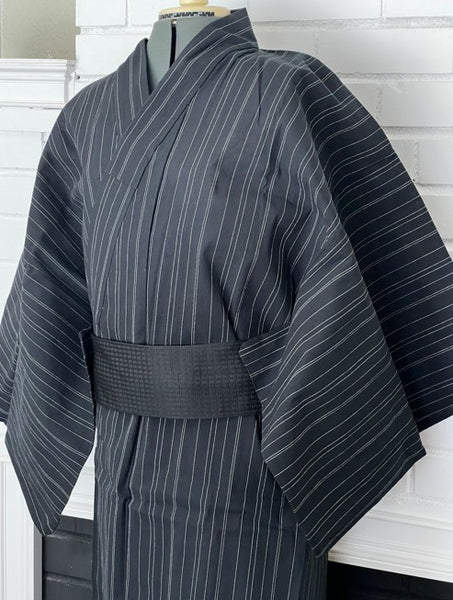 Japanese Men's Yukata 5-Piece Set – Black Pinstripe, Size M-L (Kaku Obi, Drawstring Bag, Fan, Koshihimo)