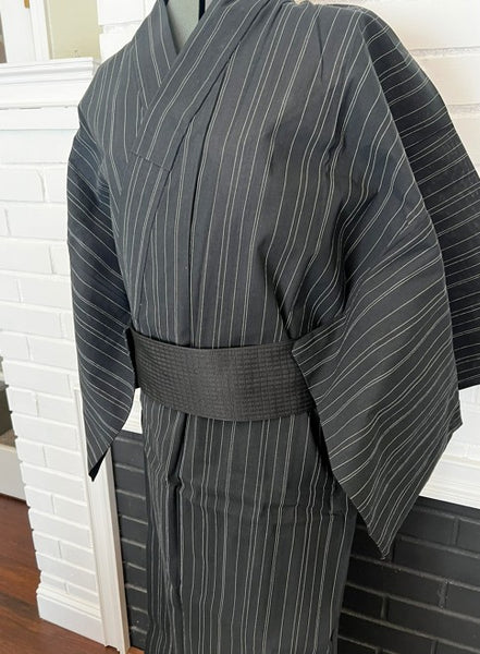 Japanese Men's Yukata 5-Piece Set – Black Pinstripe, Size M-L (Kaku Obi, Drawstring Bag, Fan, Koshihimo)