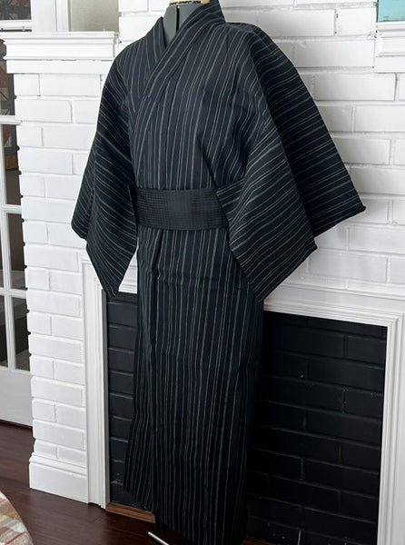 Japanese Men's Yukata 5-Piece Set – Black Pinstripe, Size M-L (Kaku Obi, Drawstring Bag, Fan, Koshihimo)