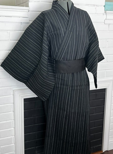 Japanese Men's Yukata 5-Piece Set – Black Pinstripe, Size M-L (Kaku Obi, Drawstring Bag, Fan, Koshihimo)