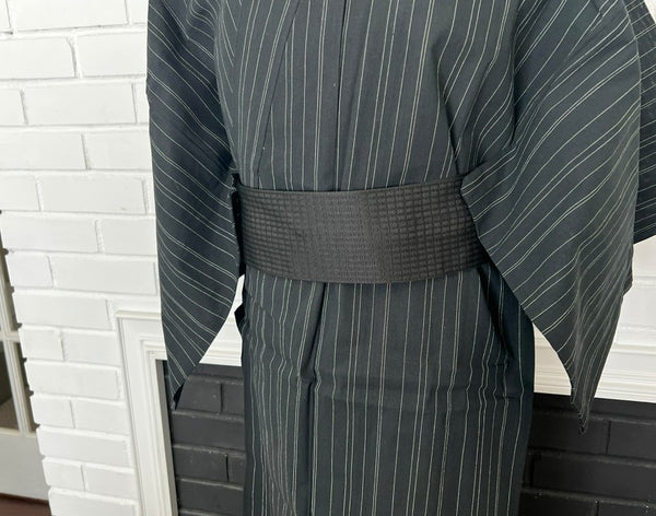 Japanese Men's Yukata 5-Piece Set – Black Pinstripe, Size M-L (Kaku Obi, Drawstring Bag, Fan, Koshihimo)