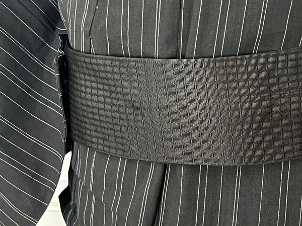 Japanese Men's Yukata 5-Piece Set – Black Pinstripe, Size M-L (Kaku Obi, Drawstring Bag, Fan, Koshihimo)