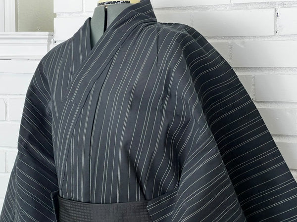 Japanese Men's Yukata 5-Piece Set – Black Pinstripe, Size M-L (Kaku Obi, Drawstring Bag, Fan, Koshihimo)