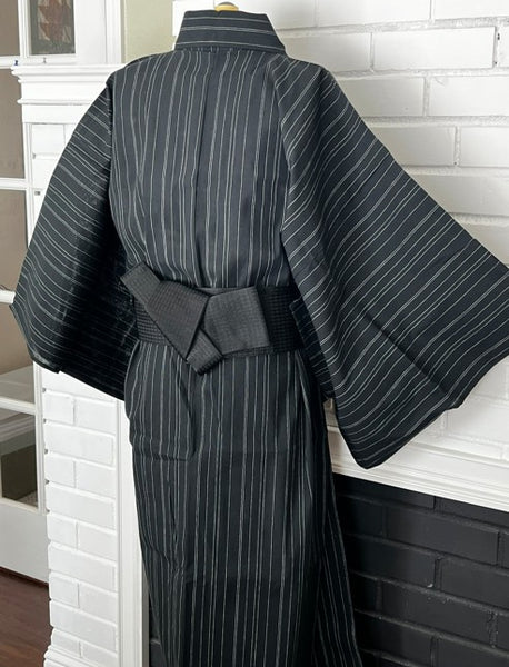 Japanese Men's Yukata 5-Piece Set – Black Pinstripe, Size M-L (Kaku Obi, Drawstring Bag, Fan, Koshihimo)