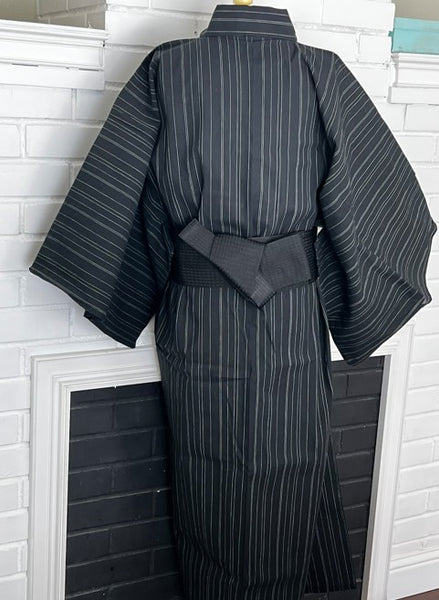 Japanese Men's Yukata 5-Piece Set – Black Pinstripe, Size M-L (Kaku Obi, Drawstring Bag, Fan, Koshihimo)