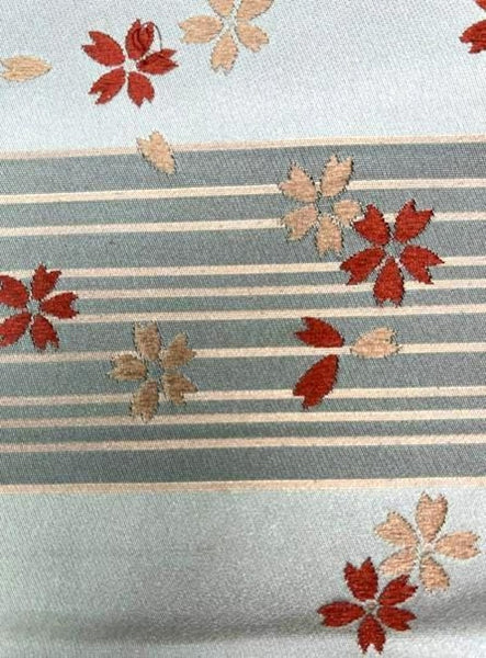 Japanese Vintage Silk Fukuro Obi: Embroidered Sakura, Silver Gray Kimono Belt