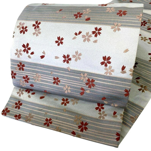 Japanese Vintage Silk Fukuro Obi: Embroidered Sakura, Silver Gray Kimono Belt