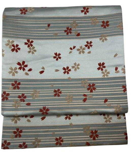 Japanese Vintage Silk Fukuro Obi: Embroidered Sakura, Silver Gray Kimono Belt