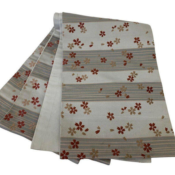 Japanese Vintage Silk Fukuro Obi: Embroidered Sakura, Silver Gray Kimono Belt