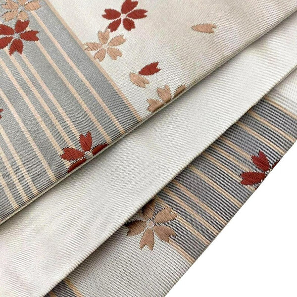 Japanese Vintage Silk Fukuro Obi: Embroidered Sakura, Silver Gray Kimono Belt
