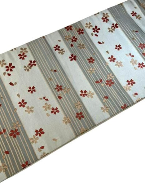 Japanese Vintage Silk Fukuro Obi: Embroidered Sakura, Silver Gray Kimono Belt
