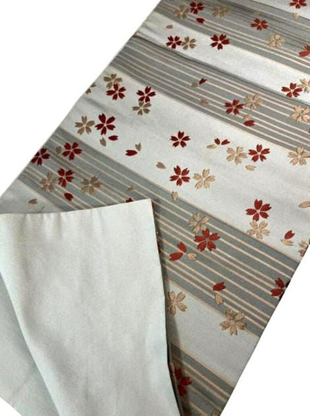 Japanese Vintage Silk Fukuro Obi: Embroidered Sakura, Silver Gray Kimono Belt