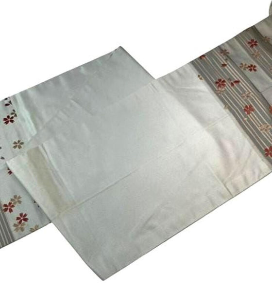 Japanese Vintage Silk Fukuro Obi: Embroidered Sakura, Silver Gray Kimono Belt