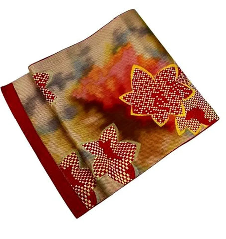 Vintage Japanese Fukuro Obi – Autumn Maple Leaf Design, Red & Gold Silk Kimono Belt
