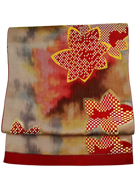 Vintage Japanese Fukuro Obi – Autumn Maple Leaf Design, Red & Gold Silk Kimono Belt