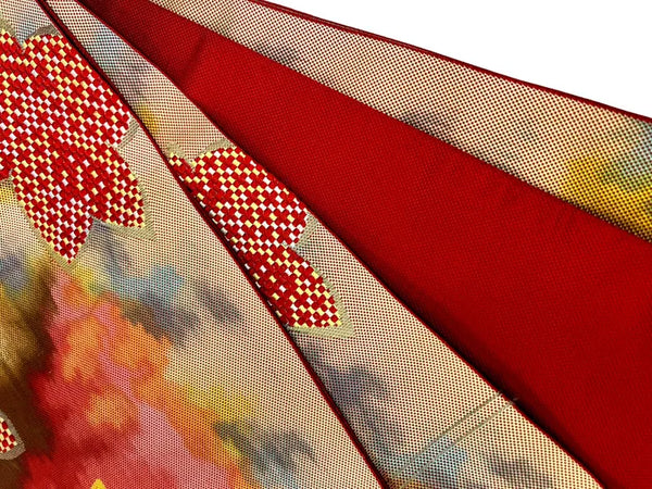 Vintage Japanese Fukuro Obi – Autumn Maple Leaf Design, Red & Gold Silk Kimono Belt