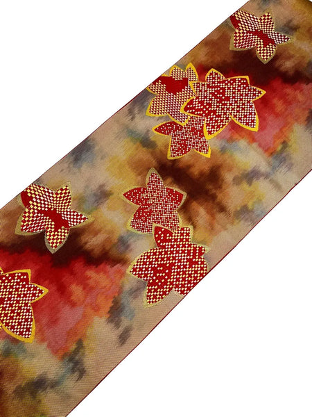 Vintage Japanese Fukuro Obi – Autumn Maple Leaf Design, Red & Gold Silk Kimono Belt