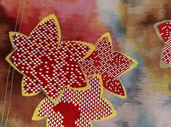 Vintage Japanese Fukuro Obi – Autumn Maple Leaf Design, Red & Gold Silk Kimono Belt