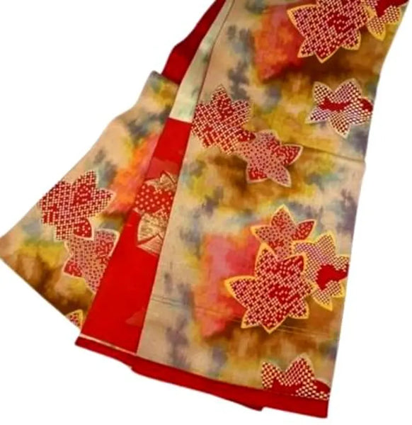 Vintage Japanese Fukuro Obi – Autumn Maple Leaf Design, Red & Gold Silk Kimono Belt
