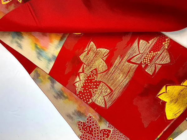 Vintage Japanese Fukuro Obi – Autumn Maple Leaf Design, Red & Gold Silk Kimono Belt