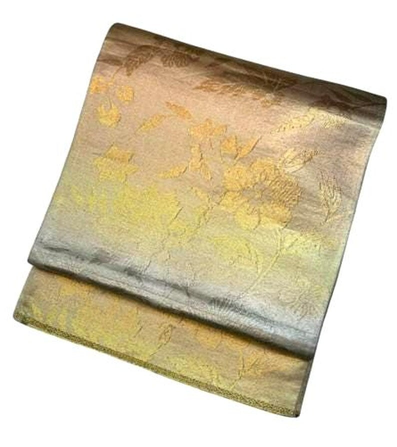 Vintage Japanese Fukuro Obi | Formal Kimono Belt with Elegant Floral Brocade, Gold & Silver Silk Sash