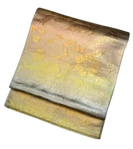 Vintage Japanese Fukuro Obi | Formal Kimono Belt with Elegant Floral Brocade, Gold & Silver Silk Sash