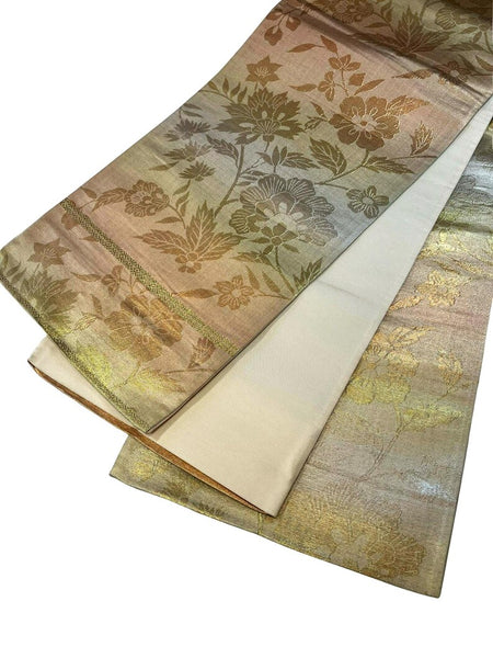 Vintage Japanese Fukuro Obi | Formal Kimono Belt with Elegant Floral Brocade, Gold & Silver Silk Sash