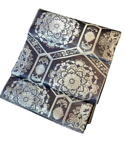Vintage Japanese Silk Fukuro Obi – Blue-Gray with Silver Floral Motifs