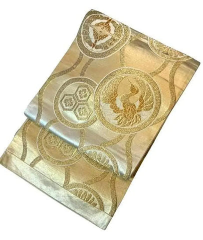 Vintage Japanese Silk Fukuro Obi – Gold and Silver Woven Cranes & Family Crests Pattern