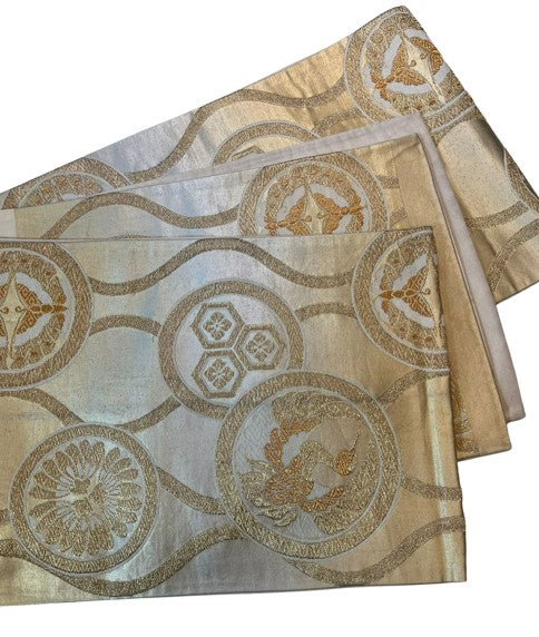Vintage Japanese Silk Fukuro Obi – Gold and Silver Woven Cranes & Family Crests Pattern