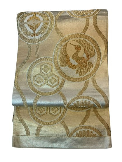 Vintage Japanese Silk Fukuro Obi – Gold and Silver Woven Cranes & Family Crests Pattern