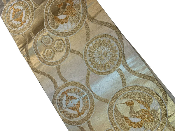 Vintage Japanese Silk Fukuro Obi – Gold and Silver Woven Cranes & Family Crests Pattern