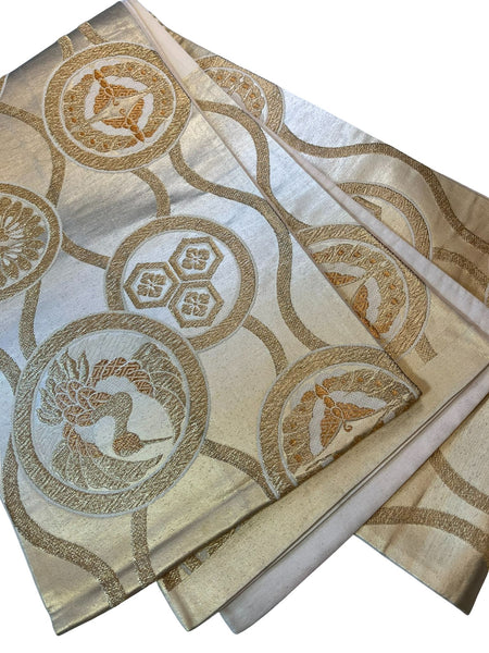 Vintage Japanese Silk Fukuro Obi – Gold and Silver Woven Cranes & Family Crests Pattern