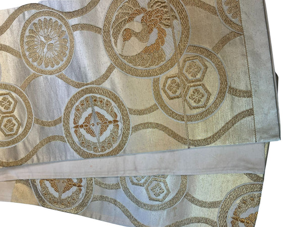 Vintage Japanese Silk Fukuro Obi – Gold and Silver Woven Cranes & Family Crests Pattern