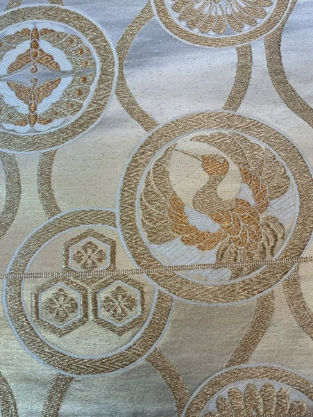 Vintage Japanese Silk Fukuro Obi – Gold and Silver Woven Cranes & Family Crests Pattern