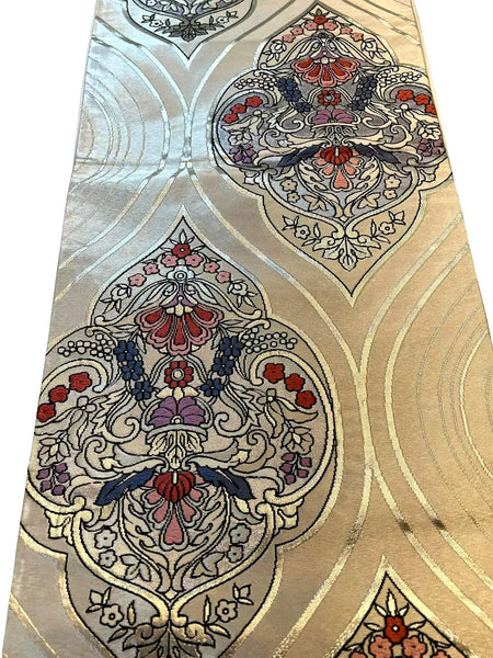 Vintage Japanese Silk Fukuro Obi – Silver Brocade with Floral Arabesque Pattern | Kimono Belt