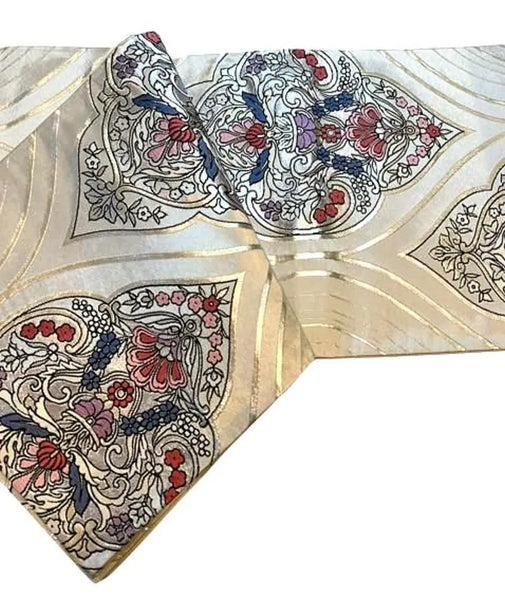 Vintage Japanese Silk Fukuro Obi – Silver Brocade with Floral Arabesque Pattern | Kimono Belt