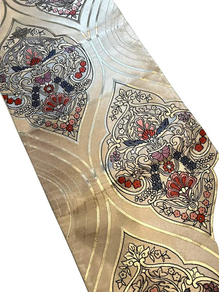 Vintage Japanese Silk Fukuro Obi – Silver Brocade with Floral Arabesque Pattern | Kimono Belt