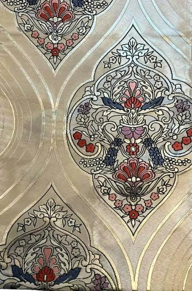 Vintage Japanese Silk Fukuro Obi – Silver Brocade with Floral Arabesque Pattern | Kimono Belt