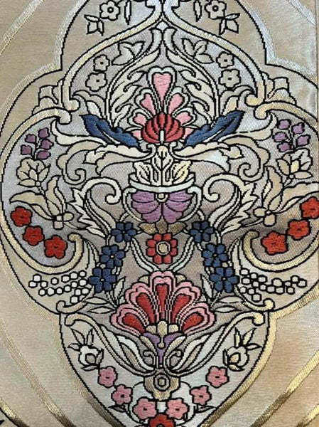 Vintage Japanese Silk Fukuro Obi – Silver Brocade with Floral Arabesque Pattern | Kimono Belt