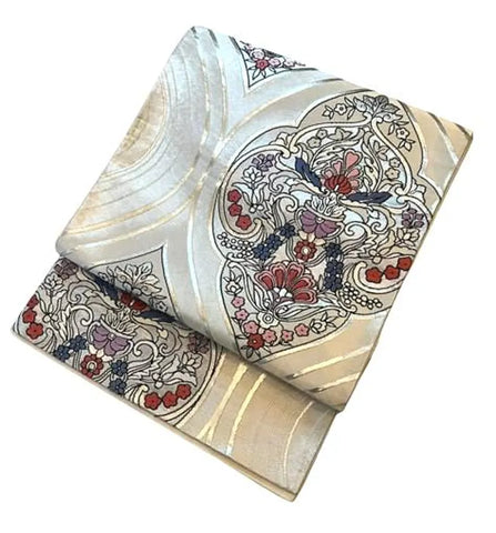 Vintage Japanese Silk Fukuro Obi – Silver Brocade with Floral Arabesque Pattern | Kimono Belt