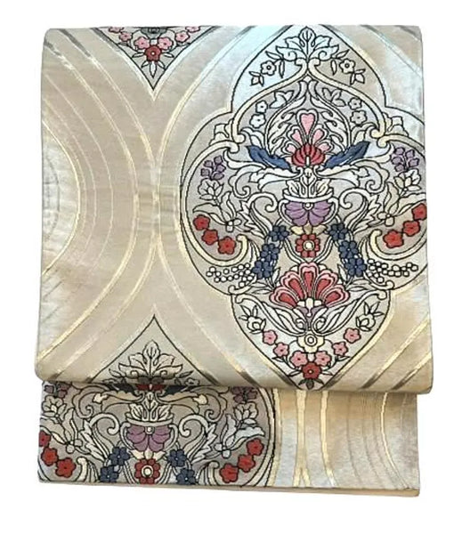 Vintage Japanese Silk Fukuro Obi – Silver Brocade with Floral Arabesque Pattern | Kimono Belt