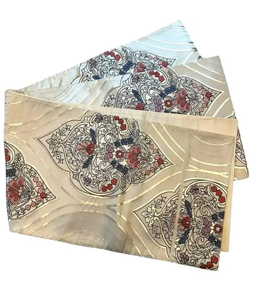 Vintage Japanese Silk Fukuro Obi – Silver Brocade with Floral Arabesque Pattern | Kimono Belt