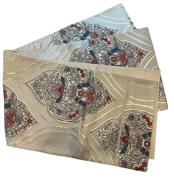 Vintage Japanese Silk Fukuro Obi – Silver Brocade with Floral Arabesque Pattern | Kimono Belt