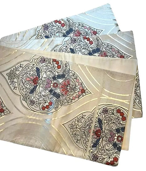 Vintage Japanese Silk Fukuro Obi – Silver Brocade with Floral Arabesque Pattern | Kimono Belt