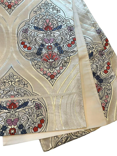 Vintage Japanese Silk Fukuro Obi – Silver Brocade with Floral Arabesque Pattern | Kimono Belt