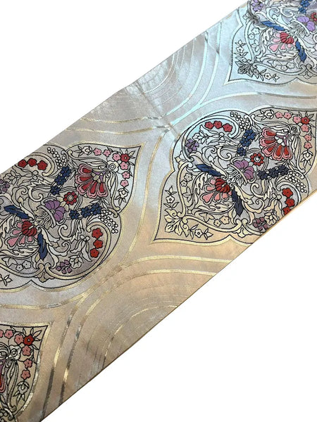 Vintage Japanese Silk Fukuro Obi – Silver Brocade with Floral Arabesque Pattern | Kimono Belt