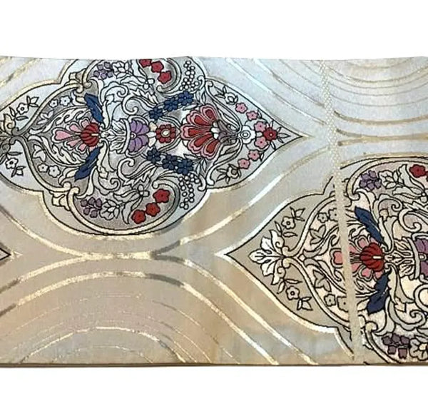 Vintage Japanese Silk Fukuro Obi – Silver Brocade with Floral Arabesque Pattern | Kimono Belt