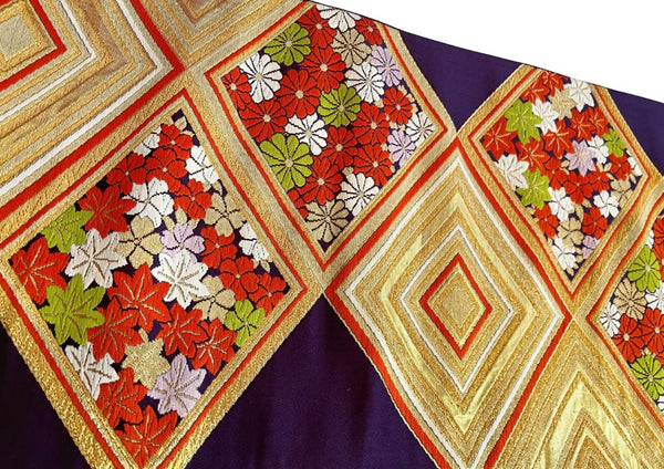 Vintage Japanese Silk Fukuro Obi – Gold Brocade Geometric & Floral Pattern | Traditional Kimono Sash